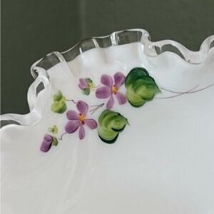Vintage Fenton Silver Crest ruffled footed bowl "Violets in the Snow" pattern